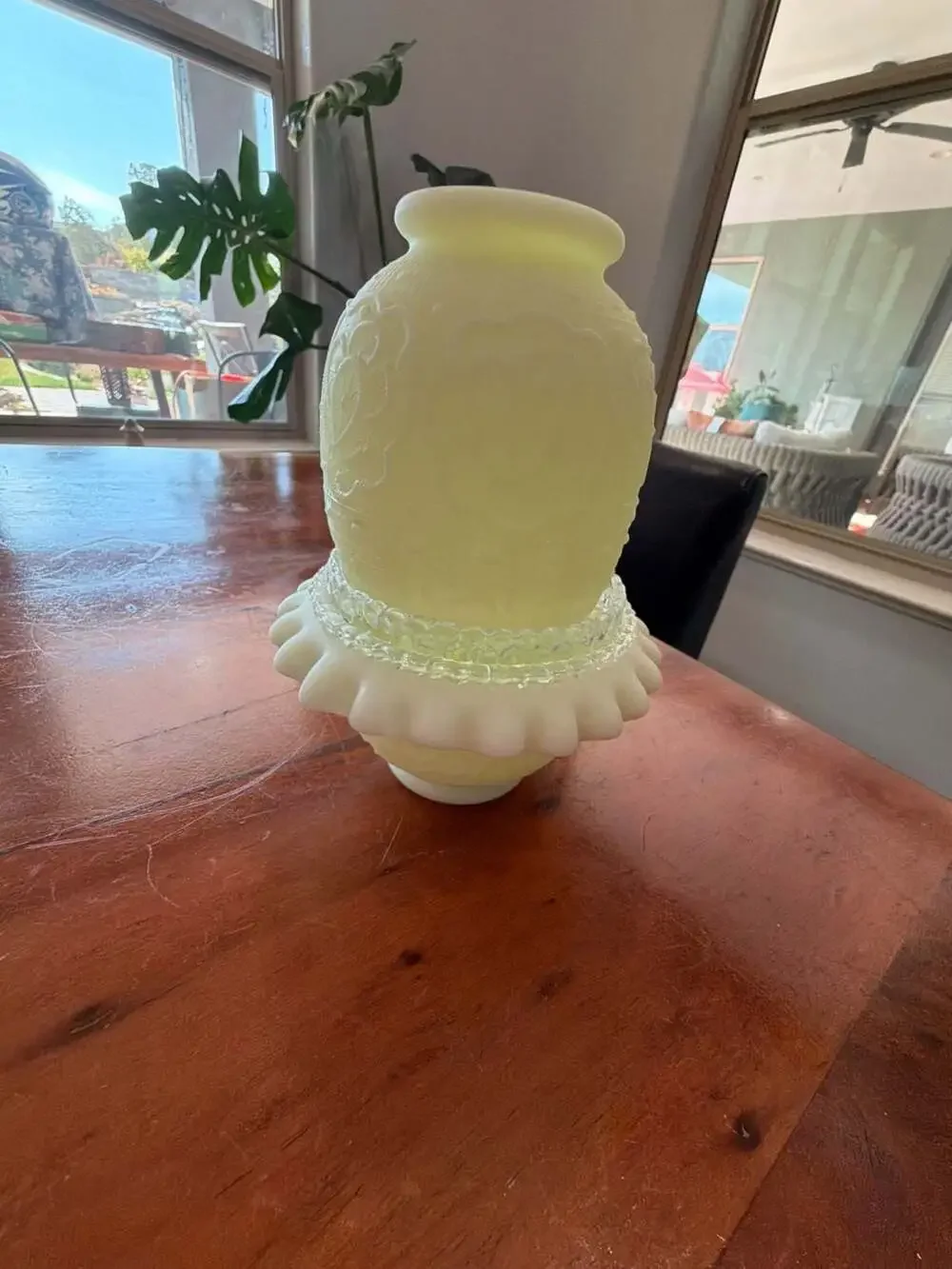 Fenton Glass Persian Medallion Vaseline Satin Three-Piece Fairy Lamp